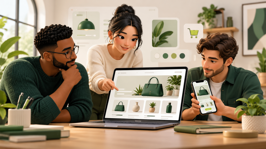 Ecommerce team reviewing a website on laptop and phone