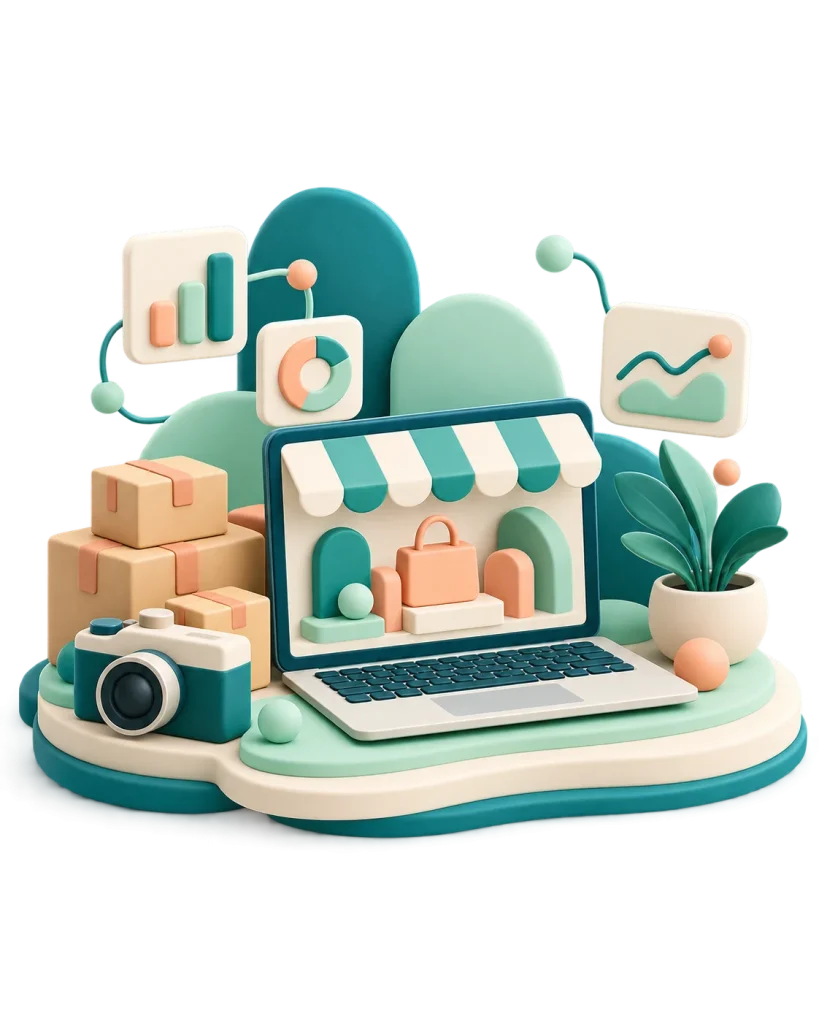 Illustration connecting an online store, product creative, and order fulfilment.