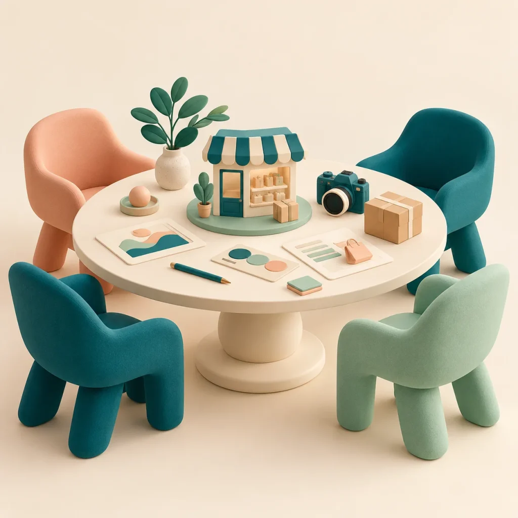 Illustration of a shared planning table for marketing, creative, technology, and operations.