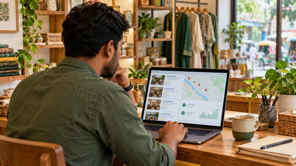 Bangladeshi business owner reviewing local search analytics
