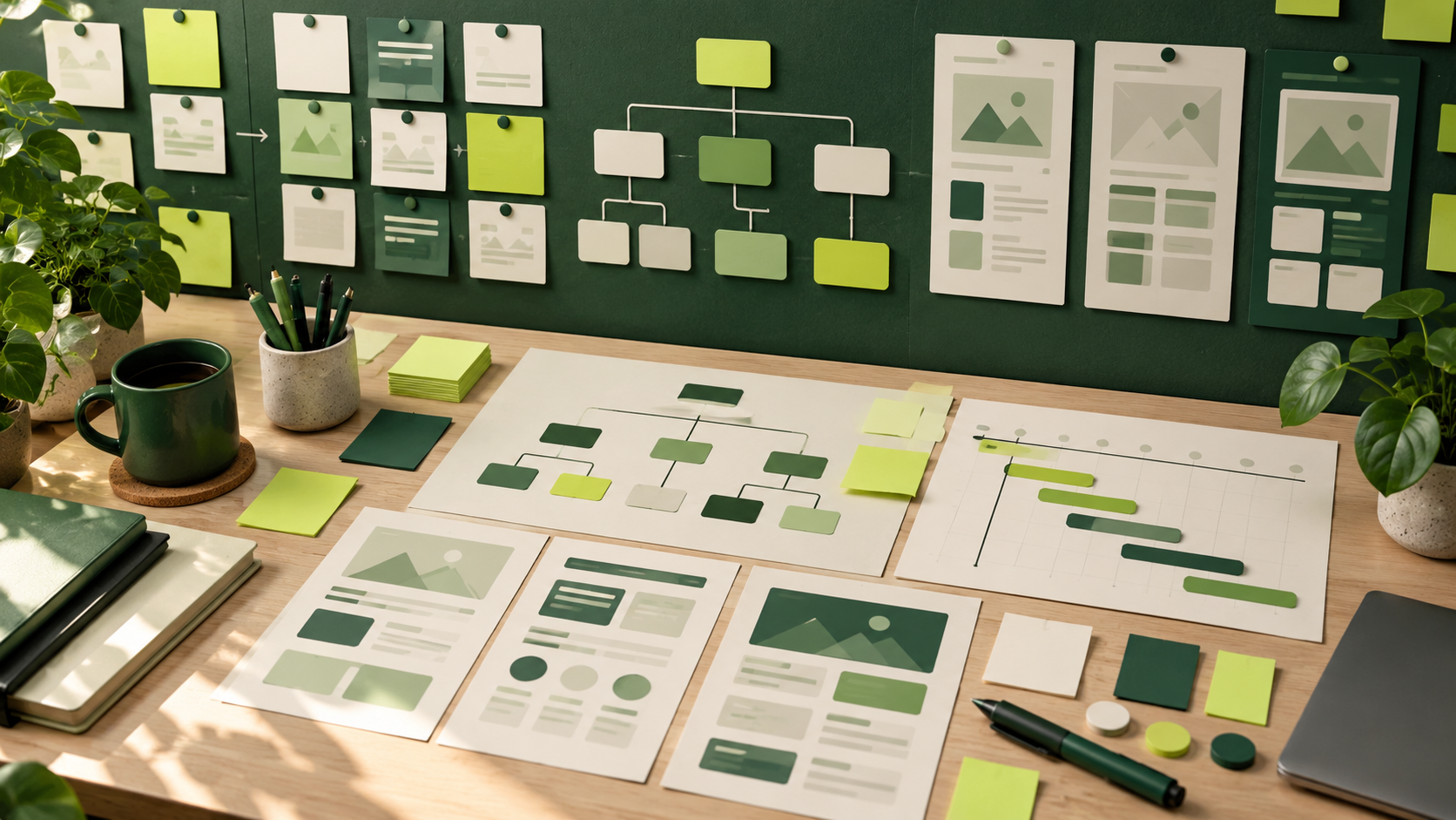 Website planning workshop with wireframes and sitemap cards
