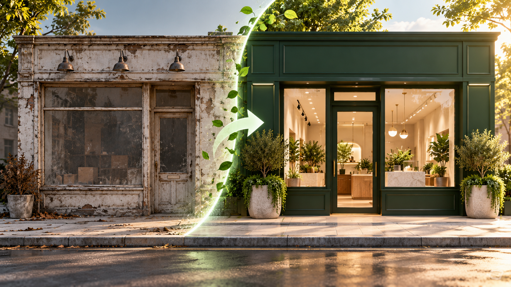 Website redesign concept showing transformation to a modern storefront